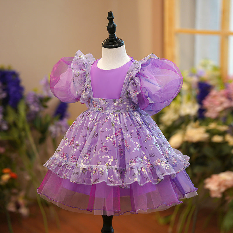 Little Girl Dress Toddler Ball Gowns Bow Purple Birthday Cake Party Dress