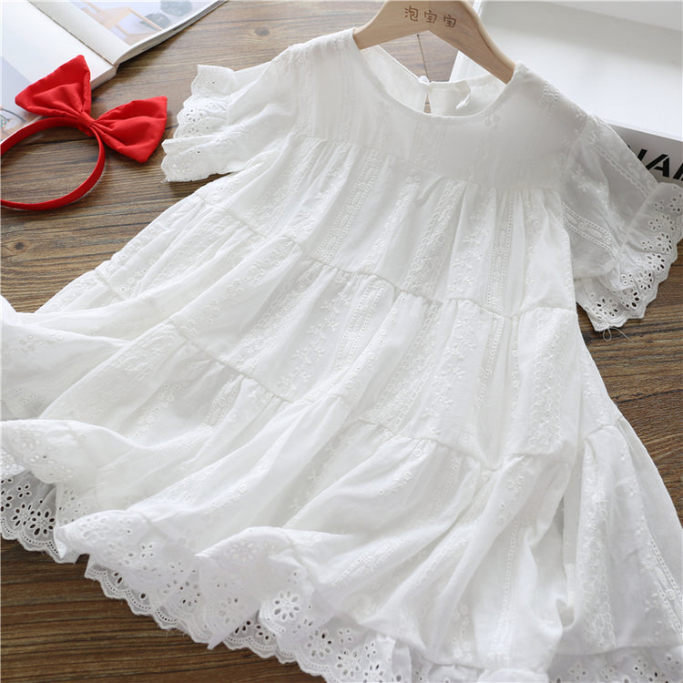 Toddler Girl White Round Neck Cute Flower Mesh Princess Birthday Party Dress