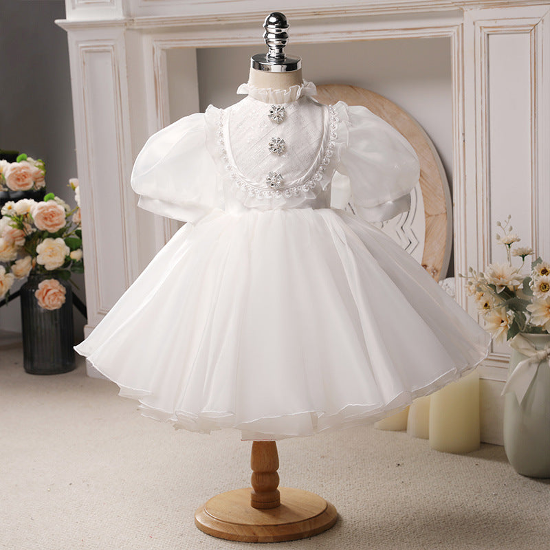 Little Girl Dress Toddler Flower Baptism White Court Vintage Beaded Christening Dress