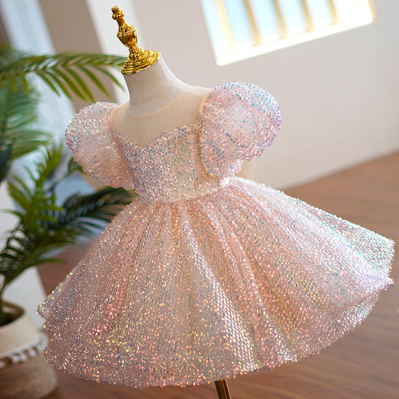 Baby Girl Pageant Princess Dresses Toddler Summer Elegant Pink Sequin Bow Birthday Party Dress