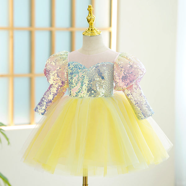 Baby Girl Dress Toddler Prom Puff Sleeves Sequins Puffy Birthday Party Dress