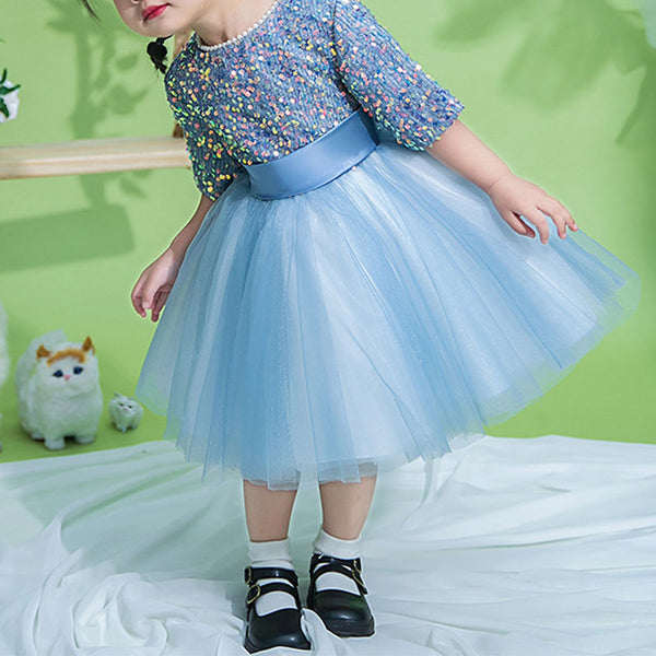 Baby Girl Dress Toddler Prom Summer Blue Sequins Party Princess Dress