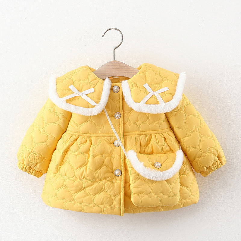 Girls Bow Collar Velvet Coat