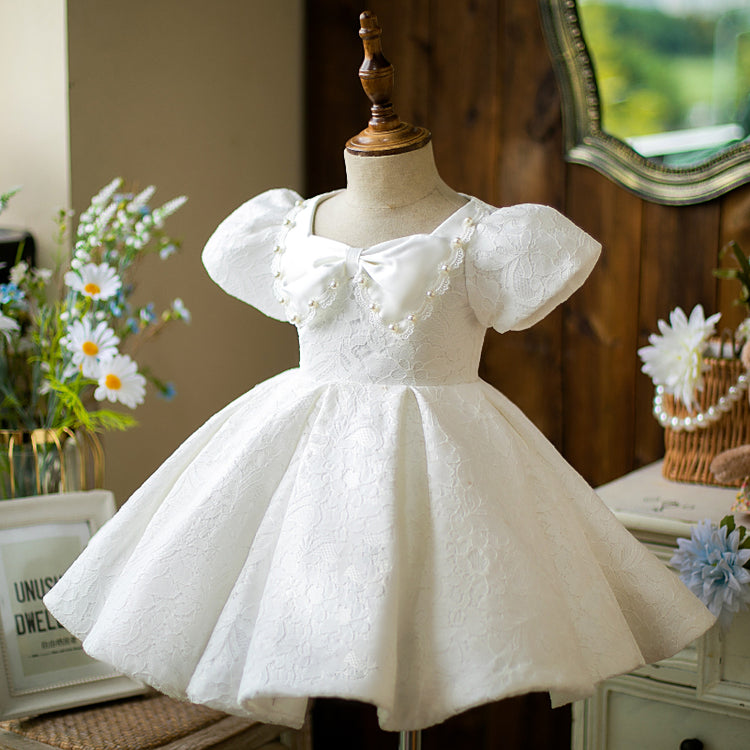 Toddler Ball Gowns Girl Summer White Lace Bow Puff Sleeves Sleeve Baptism Princess Dress