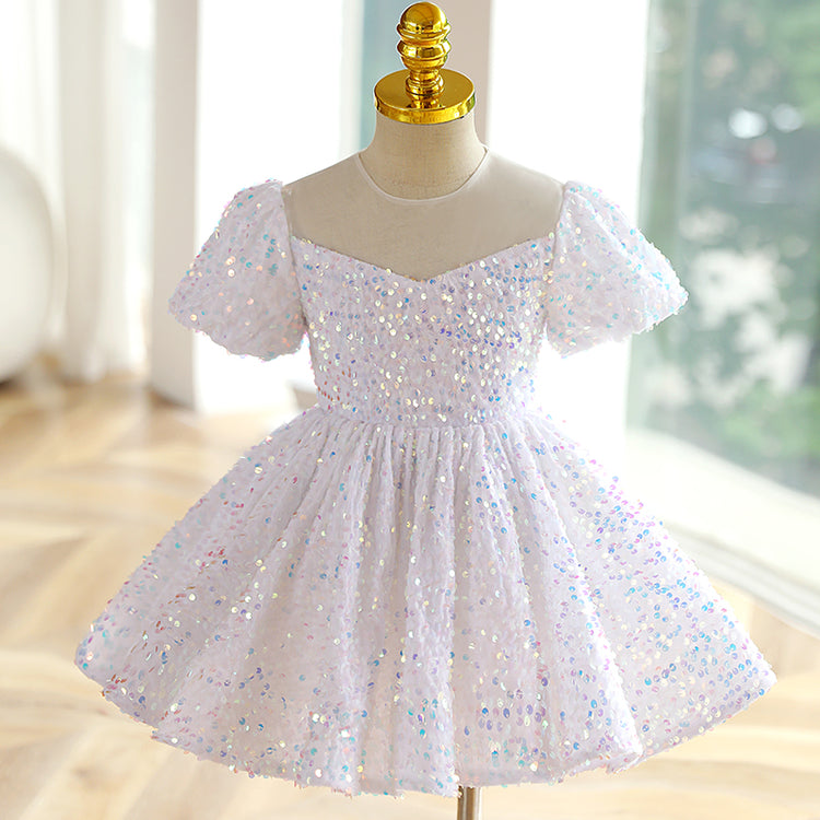 Flower Girl Dress Toddler Summer White Sequins Mesh Pageant Princess P ...