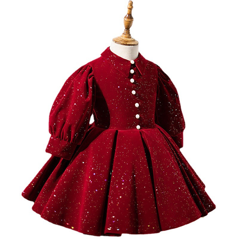 Baby Girl Dress Toddler Easter Birthday Party Dress Winter Red Long Sleeve Square Neck Sequined Princess Dress