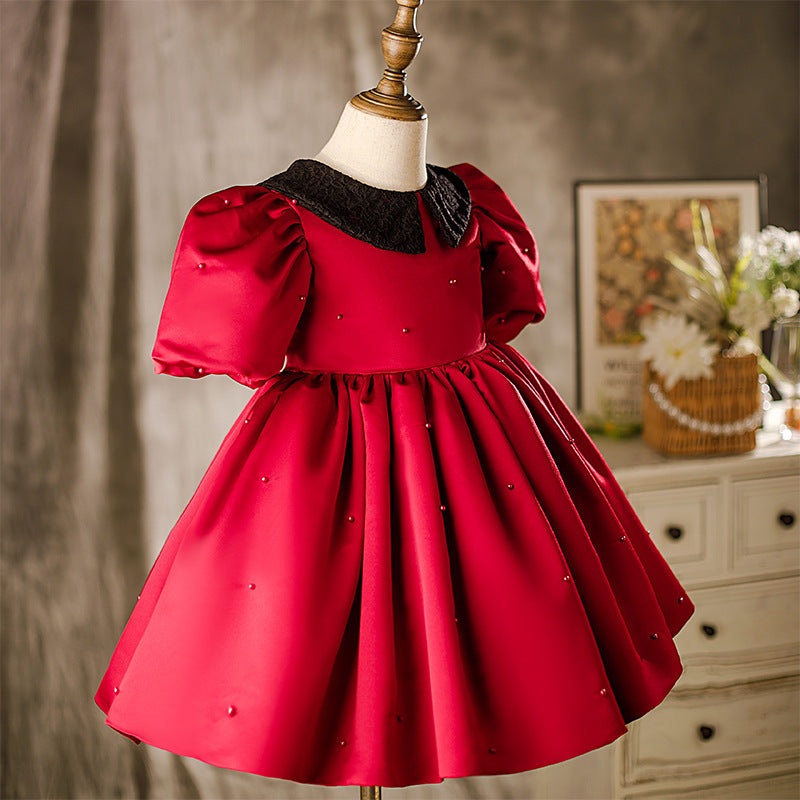 Baby Girl Dress Children Birthday Party Dress Red Puff Sleeve Doll Collar CommunionDress