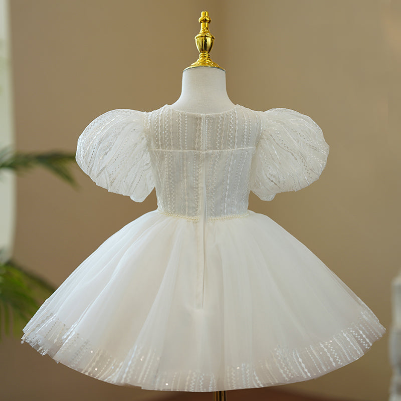 Baby Girl and Toddler White Puff Sleeve Beaded Puffy Christening Dress