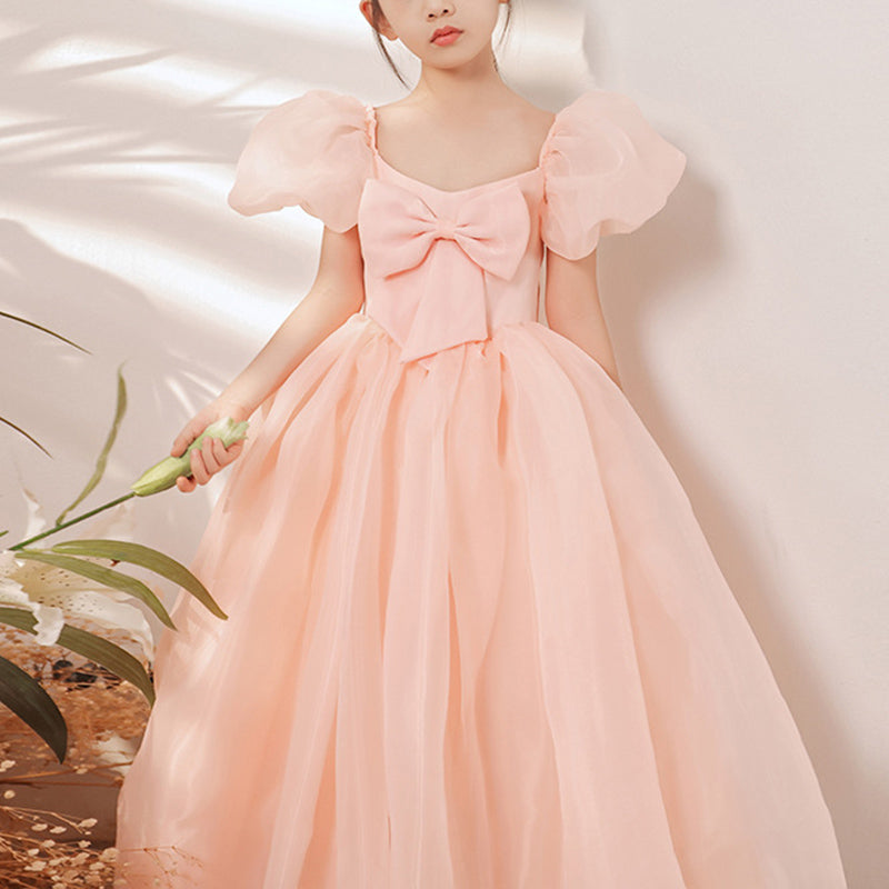 Flower Girl Dress Children Summer Birthday Party Dress Pink Puff Sleeve Bowknot Dress