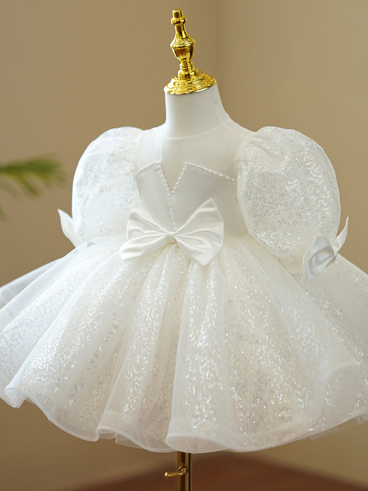 Baptism Dresses Baby Girl White Cute Bow Knot Sequin Birthday Party Dresses Toddler Ball Gowns