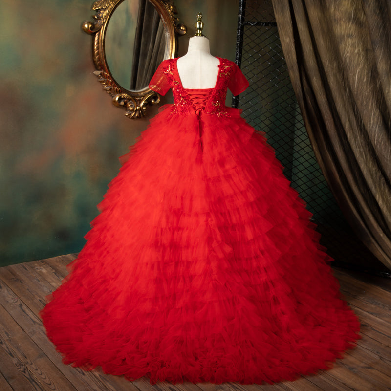 Girl Christmas Dress Toddler  Communion Dress Children Red Fluffy Princess Birthday Tail Gorgeous Pageant Dress