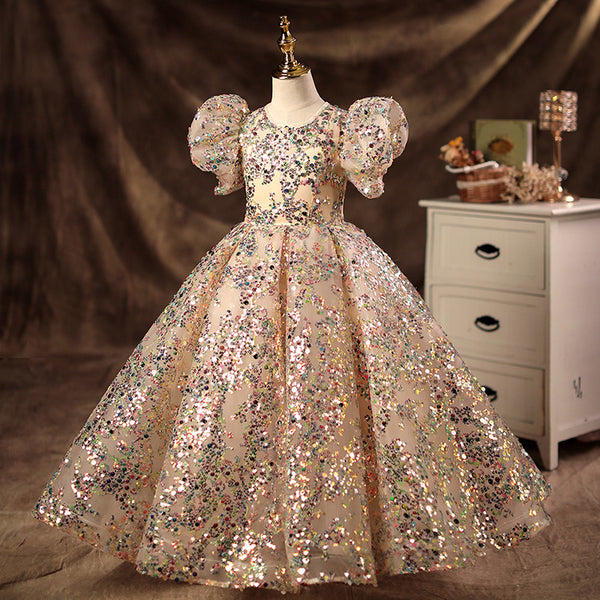 First Communion Dress Girl Pageant Princess Dress Dress Baby Girl Summer Gorgeous Puff Sleeve Sequin Formal Dress