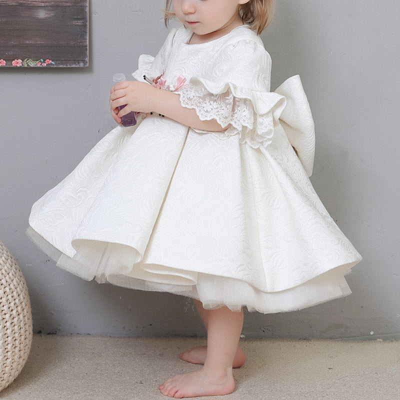 Flower Girl Dress Toddler Communion Formal White Bow Lace Baby Baptism Dress