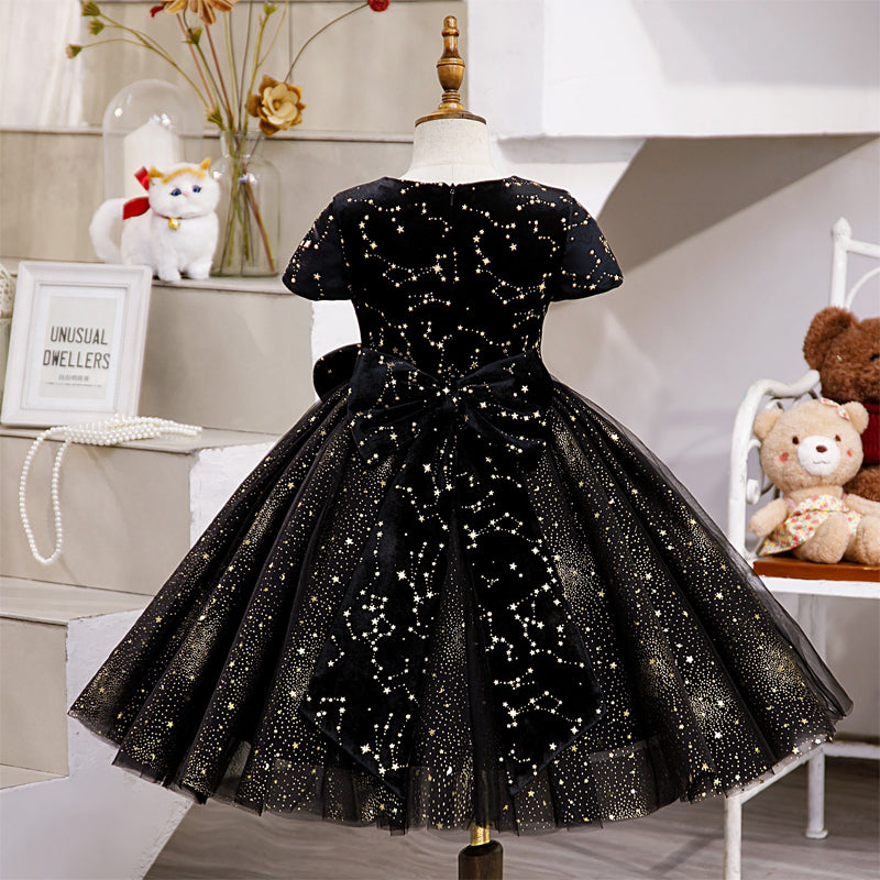 Baby Girl Communion Dress Toddler Princess Black Stars Sequins Puffy Dress, Black / 4-5 Years (120cm)