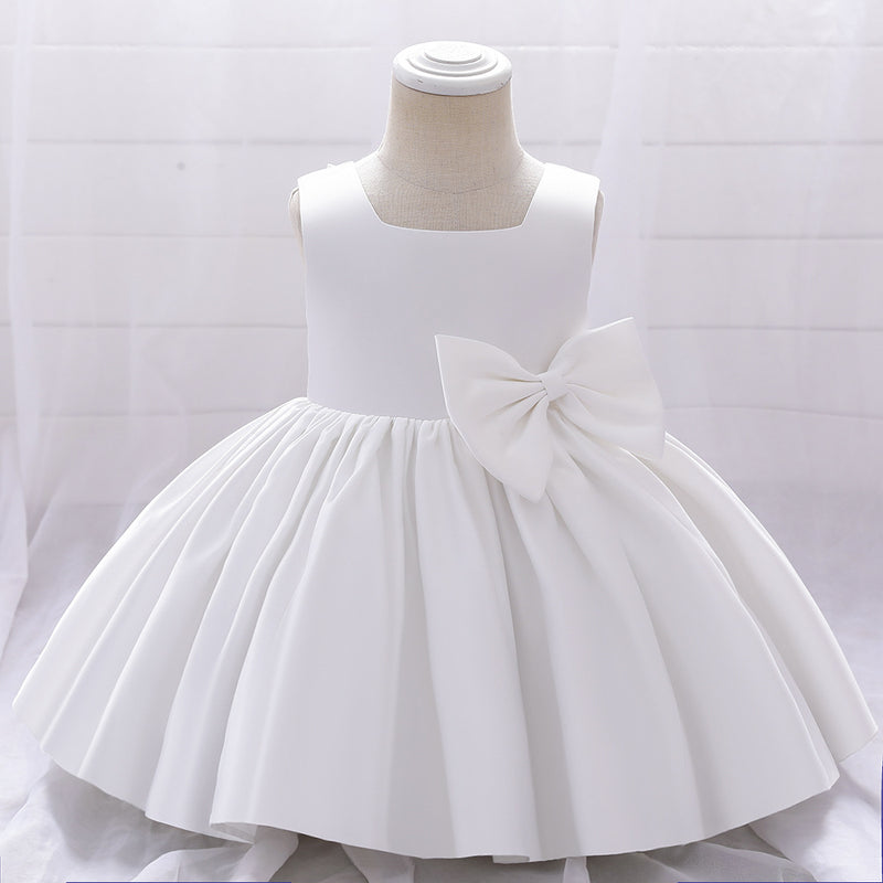 Baby Girl Birthday Party Dress Toddler Summer Round Neck Bow Textured Puffy Formal Princess Dress