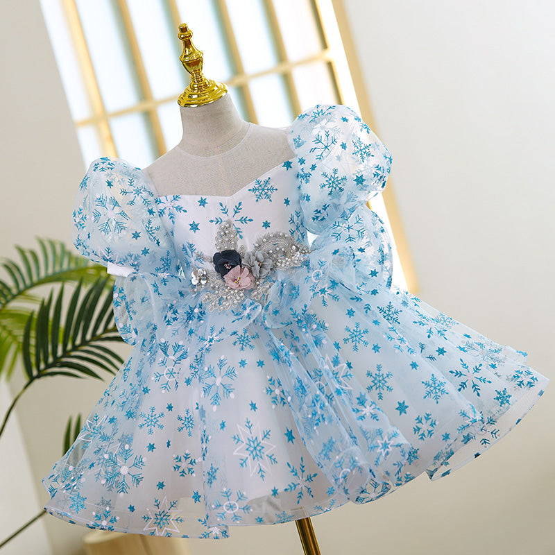 Baby Girl Easter Dress Toddler Flower Embroidered Puff Sleeves Summer Snowflake Wedding Princess Dress