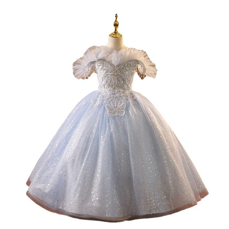 Elegant Baby Girls One Shoulder Sequin Blue and White Princess Dress Toddler Girls Formal Dresses