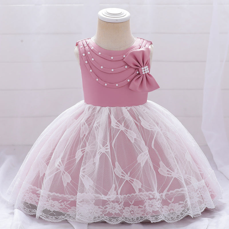 Baby Girl First Communion Dress Toddler Flower Beaded Bow Mesh Puffy Princess Dress