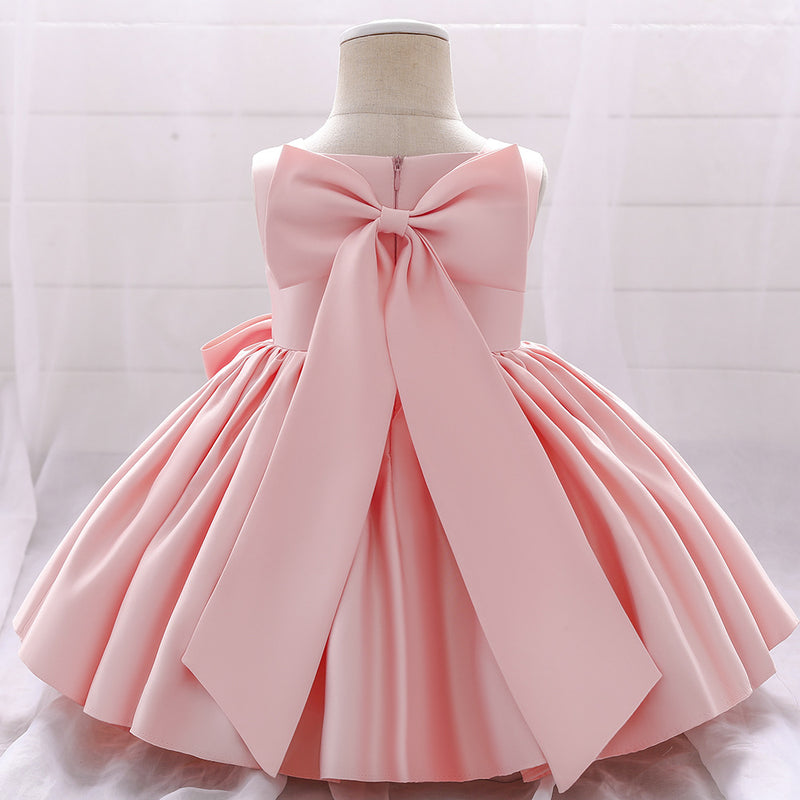 Baby Girl Birthday Party Dress Toddler Summer Round Neck Bow Textured Puffy Formal Princess Dress