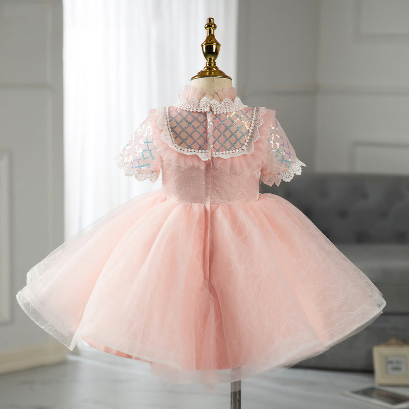 Baby Girl Dress Toddler fluffy Puff Sleeve Mesh Summer Cute Pink Sequin Lace Princess Dress