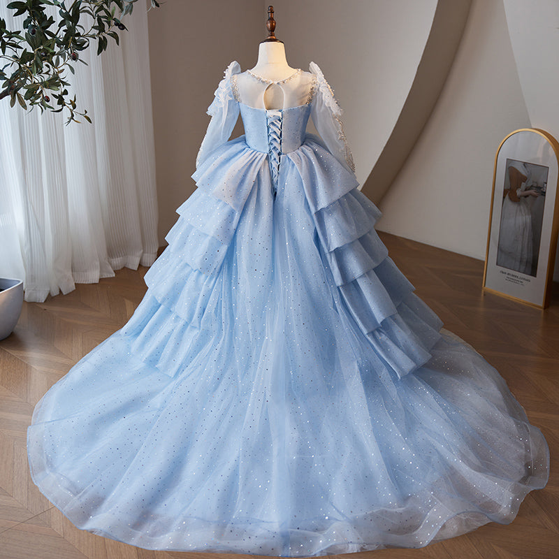 Toddler Communion Dress Girl Flower Formal Trailing Blue Sequins Princess Pageant Dress