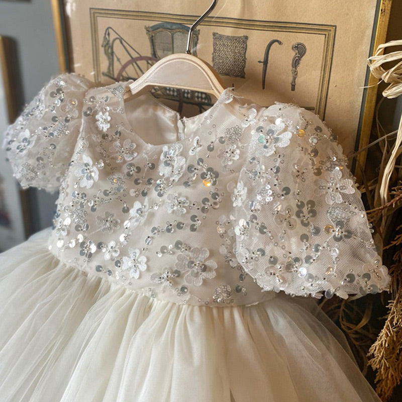 Flower Girl Dress Toddler Pageant Dress White Sequin Mesh Fluffy Princess Dress