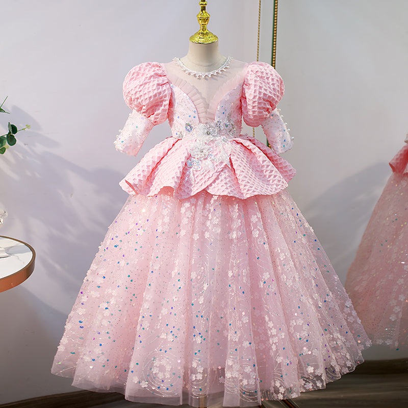 Flower Girl Dress Children Communion Pageant Elegant Cute Sequins Pink Princess Party Dress