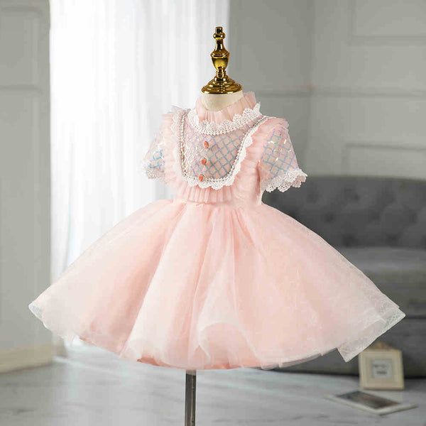 Baby Girl Dress Toddler fluffy Puff Sleeve Mesh Summer Cute Pink Sequin Lace Princess Dress