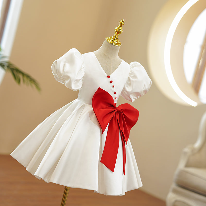 Baby Girls First Communion Dress Girl Red Bow Wedding Puff Seeves Birthday Princess Dress