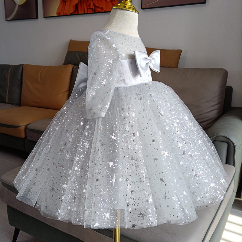 Baby Girl and Toddler Birthday Party Dress Long Sleeve Mesh Sequin Princess Dress