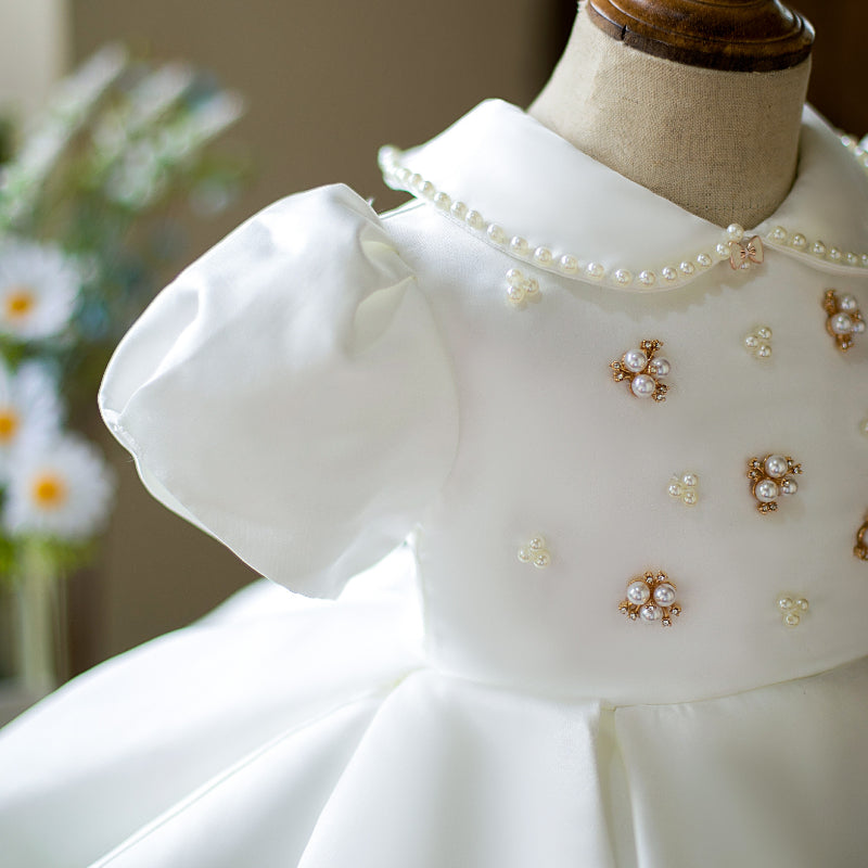 Toddler Prom Dress Girl Princess Summer White Bead Doll Collar Christening Dress