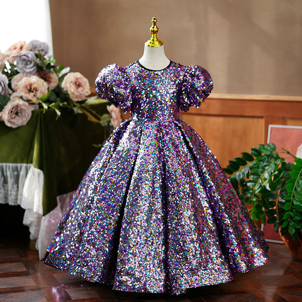 Flower Girl Dress Children Communion Birthday Party Dress Purple Sequins Pageant Dress