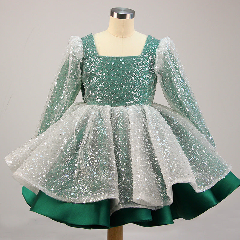 Girl Formal Princess Dresses Baby Girl Bow Mesh Long Sleeve Sequined Christening Dress