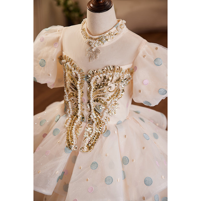 Flower Girl Dress Children Communion Summer Polka Dot Beaded Sequin Fluffy Baptism Princess Dress