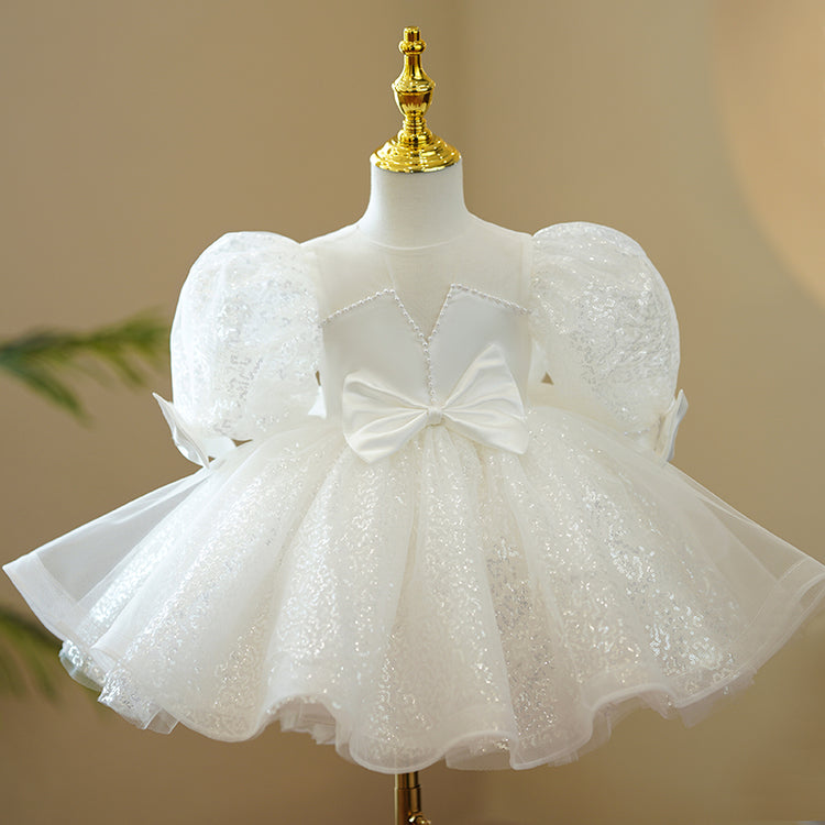 Baptism Dresses Baby Girl White Cute Bow Knot Sequin Birthday Party Dresses Toddler Ball Gowns