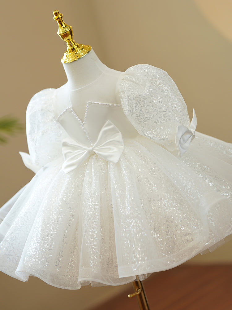 Baptism Dresses Baby Girl White Cute Bow Knot Sequin Birthday Party Dresses Toddler Ball Gowns