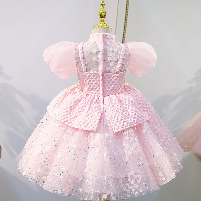 Flower Girl Dress Children Easter Princess Summer Pink Sequin Puff Sleeves Cake Dress