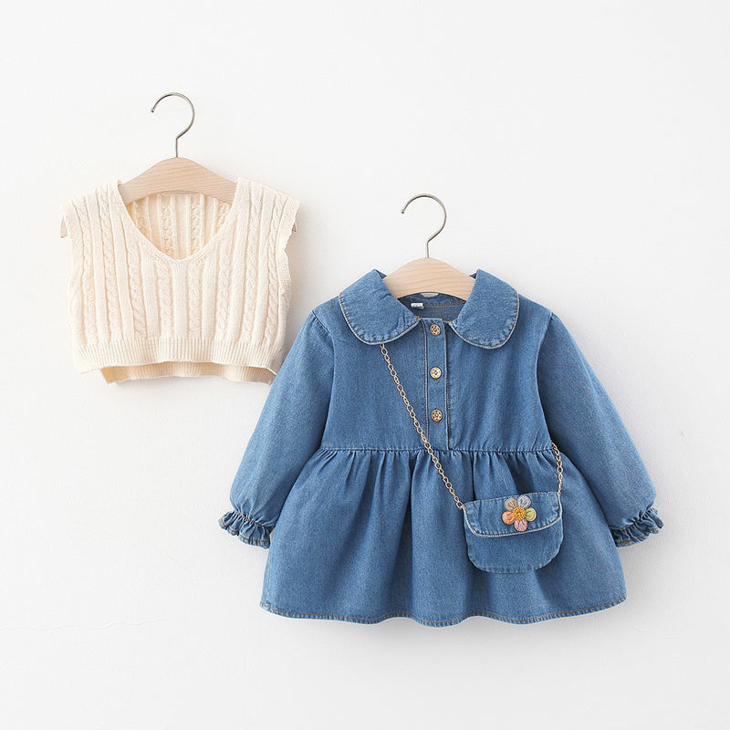 Baby Girl Autumn Long-sleeved Denim Dress Woolen Vest Suit