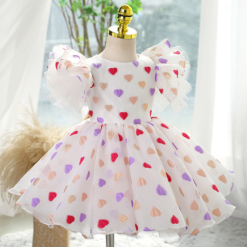 Baby Girl and Toddler Summer Heart Print Fluffy Birthday Party Princess Dress