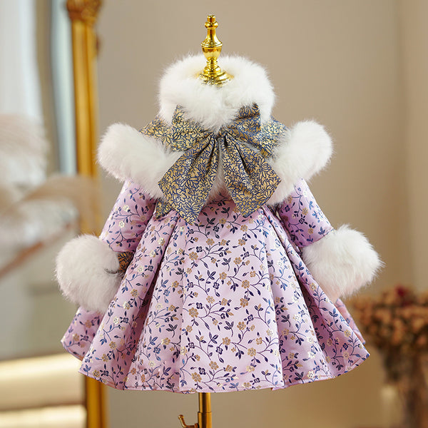 Baby Girl Party Dress Toddler Winter Plush Floral Long Sleeve Princess Dress