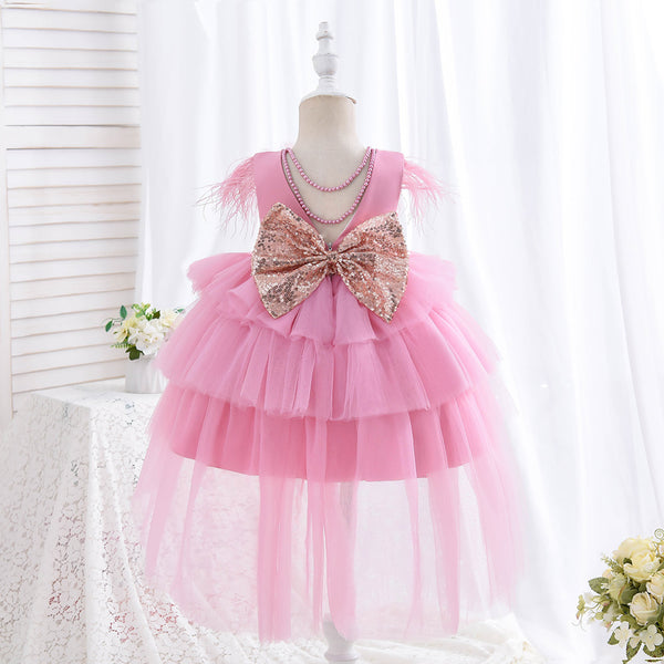 Flower Girl Dress Toddler Communion Pageant Cute Bow Princess Trailing Birthday Dress