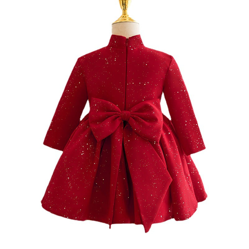 Girl Christmas Dress Baby Girl Princess Dress Winter Stand Collar Red Embroidered Dress Girl Birthday Party Dress