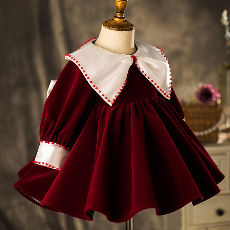 Girl Christmas Dress Baby Girls Birthday Dresses Toddler Wine Red Bow Formal Princess Dress