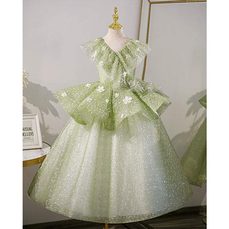 Flower Girl Dress Children Green Sequins Sleeveless Birthday Princess Dress