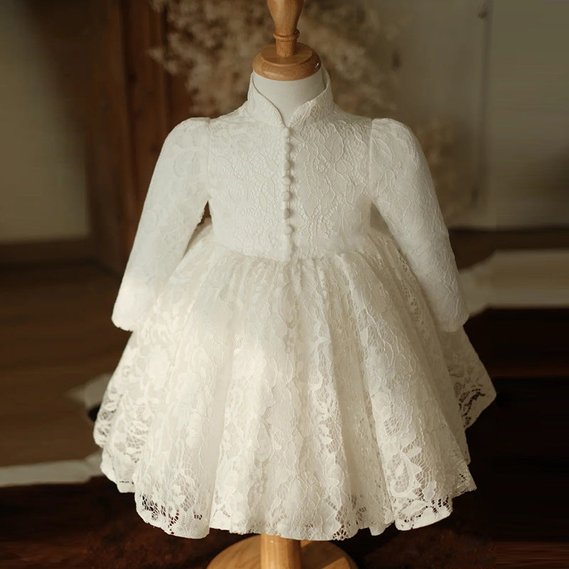 Girl White Long Sleeve Stand Collar Lace Princess Dresses Baby Girl Formal Dresses Girl White Long Sleeve Stand Collar Lace Princess Dresses Baby Girl Formal Dresses