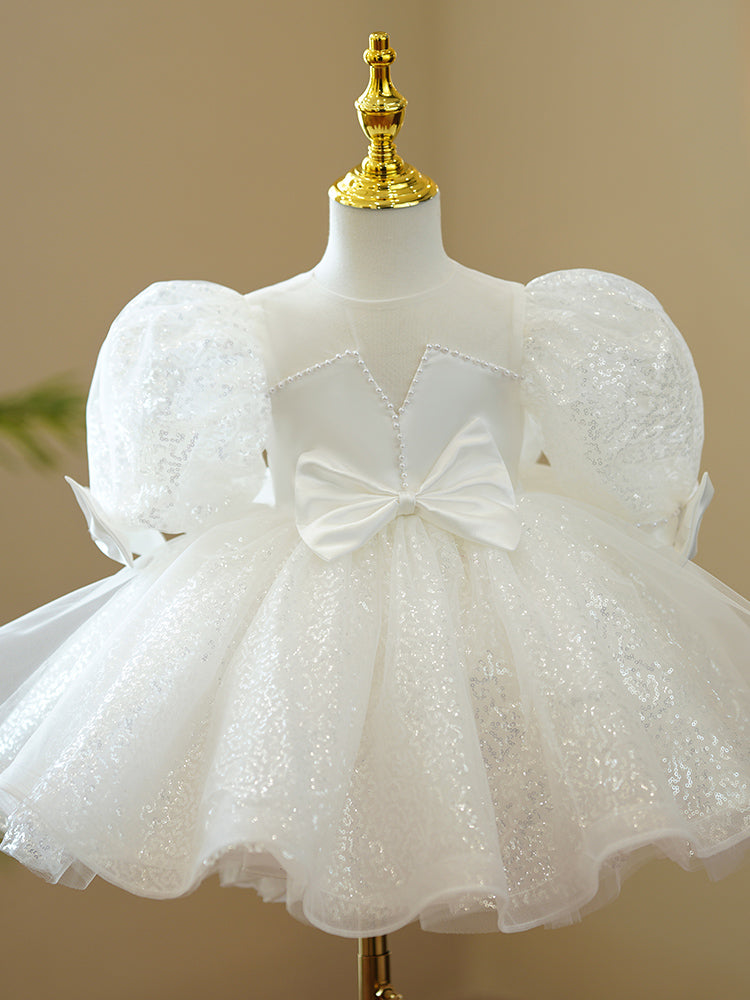 Baptism Dresses Baby Girl White Cute Bow Knot Sequin Birthday Party Dresses Toddler Ball Gowns