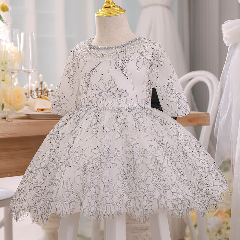 Baby Girl Dress Toddler White Princess Fluffy Printed Pattern Fluffy Party Dress