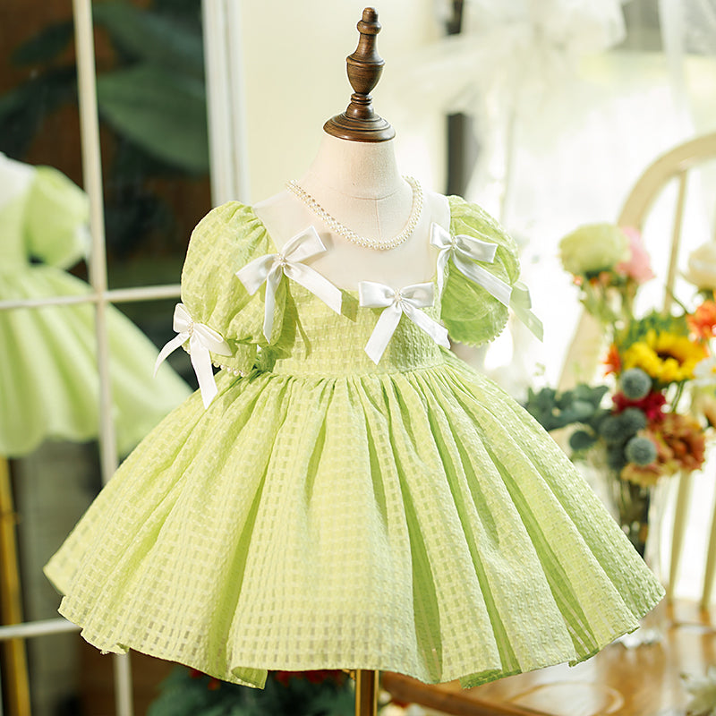 Baby Girl Daily Dress Toddler Summer Green Bow Knot Puff Sleeve Birthday Party Dress