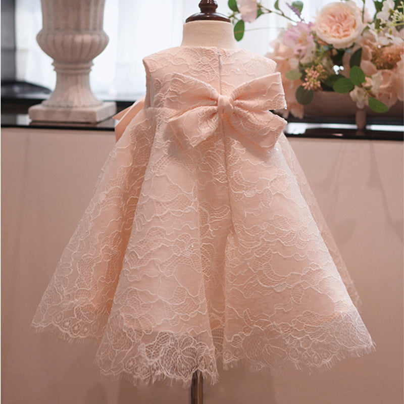 Baby Girl Formal Birthday Dresses Toddler Lace Round Neck Sleeveless Bow Princess Prom Dress