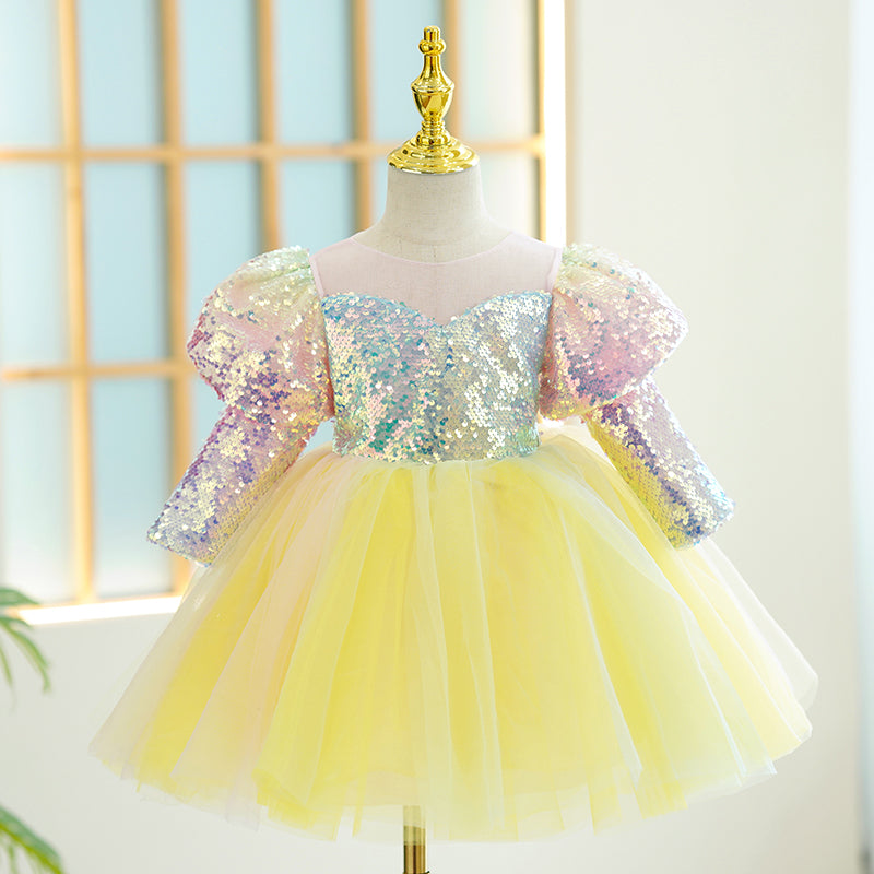 Baby Girl Dress Toddler Prom Puff Sleeves Sequins Puffy Birthday Party Dress